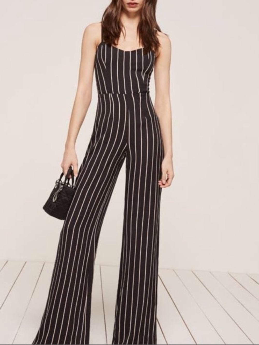 Reformation Brisbane black and white vertical striped wide-leg jumpsuit